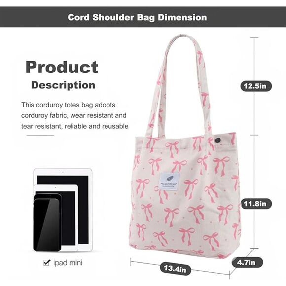 Women Pink Bow Imported Corduroy Small Canvas Shoulder Handy Tote Bag - Picture 3 of 4